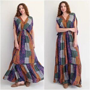 Easel Colorful Patchwork Batwing Sleeve Rayon Maxi Dress